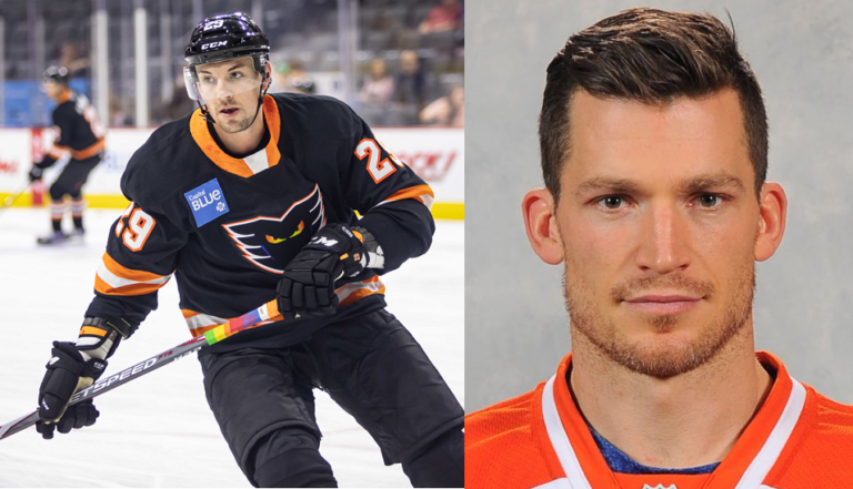 An action shot of Kurtis Gabriel, and head shot of Andrew Ference