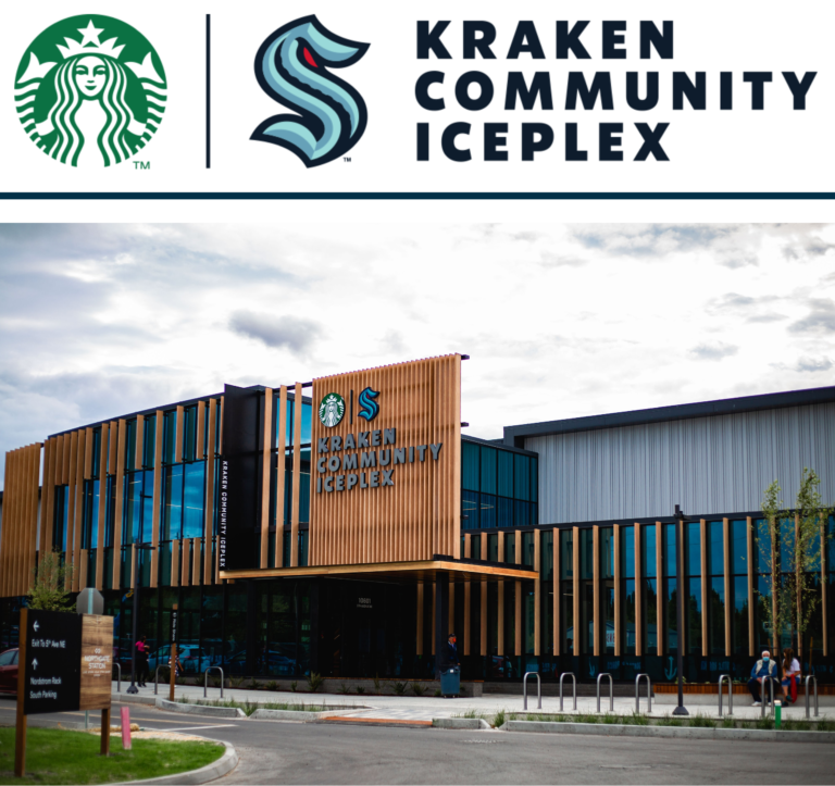 Kraken Community Iceplex logo, and south-facing side of the building complex