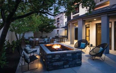 An outdoor seating area with a fire pit